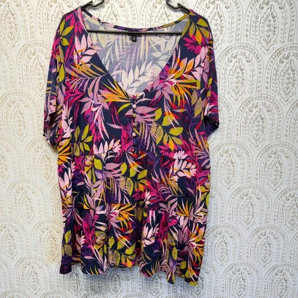 Torrid Babydoll Top Women 3 Multicolor Tropical Palm Leaf Tiered V-Neck Blouse - Picture 1 of 8